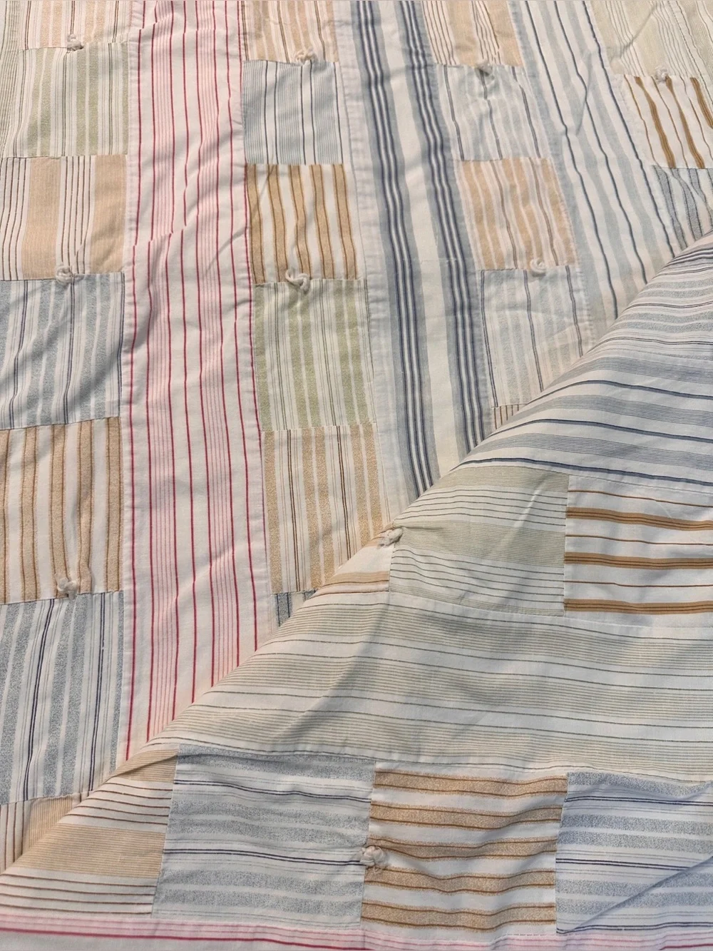 VTG Tommy Hilfiger Patchwork Tie Quilt Coverlet 88x86” Cotton Pastels Stripes